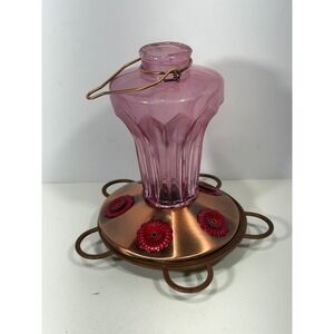 Vintage Style Amethyst Purple Glass Hummingbird Feeder Copper Metal Base 8.5"